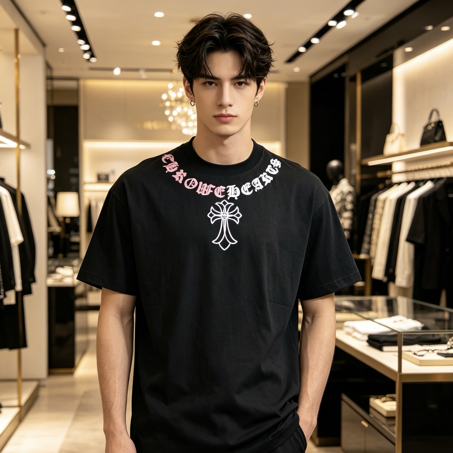 Chrome cross necklace print t-shirt