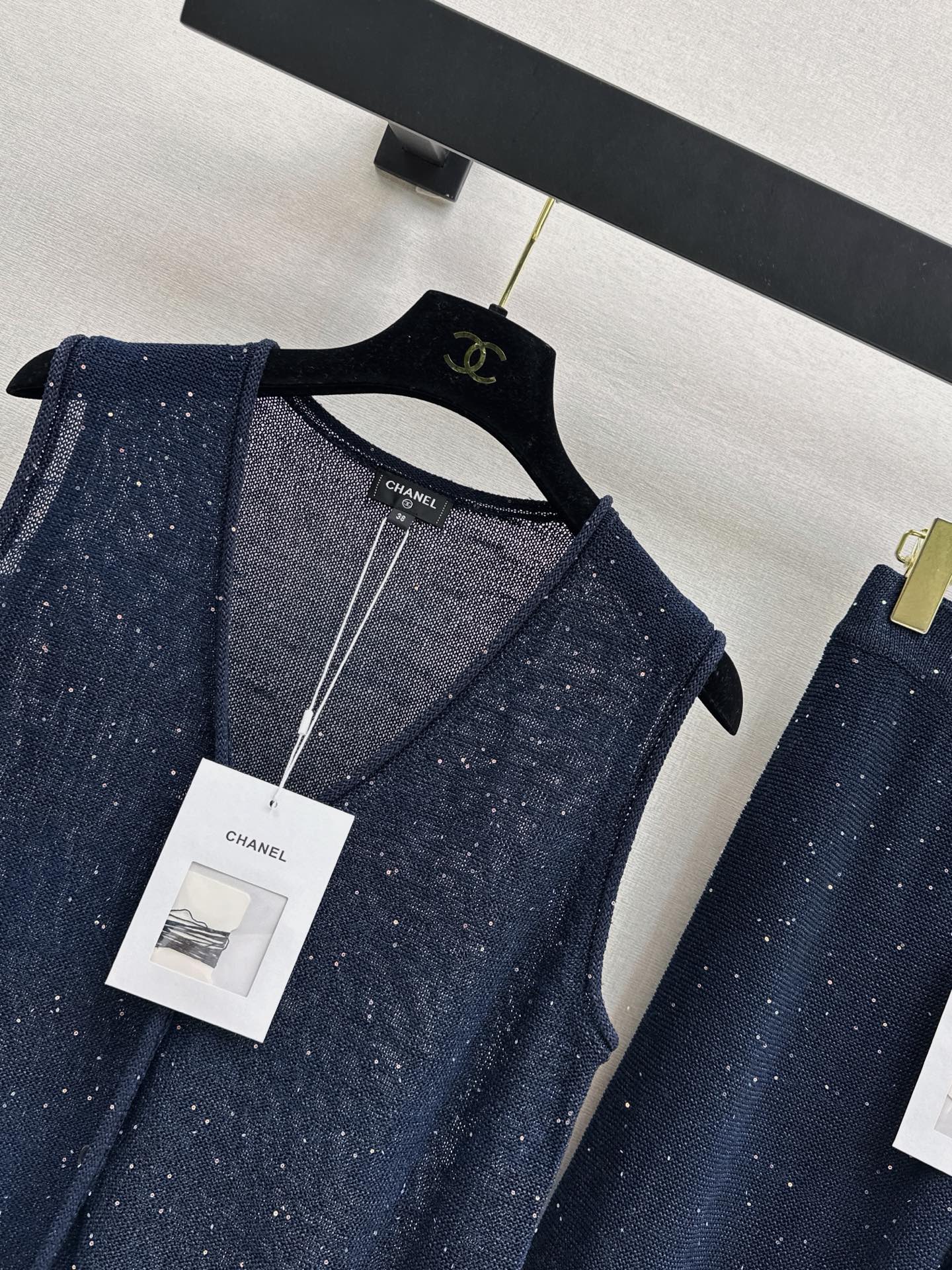 Chan 26ss sequin knit vest pants sets