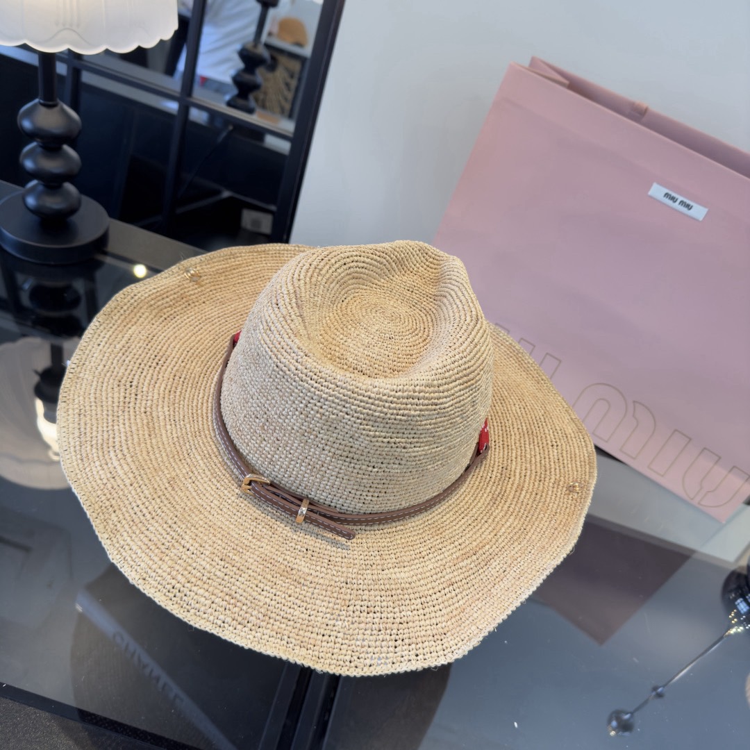 Miu Natural Raffia Wide-Brim Hat
