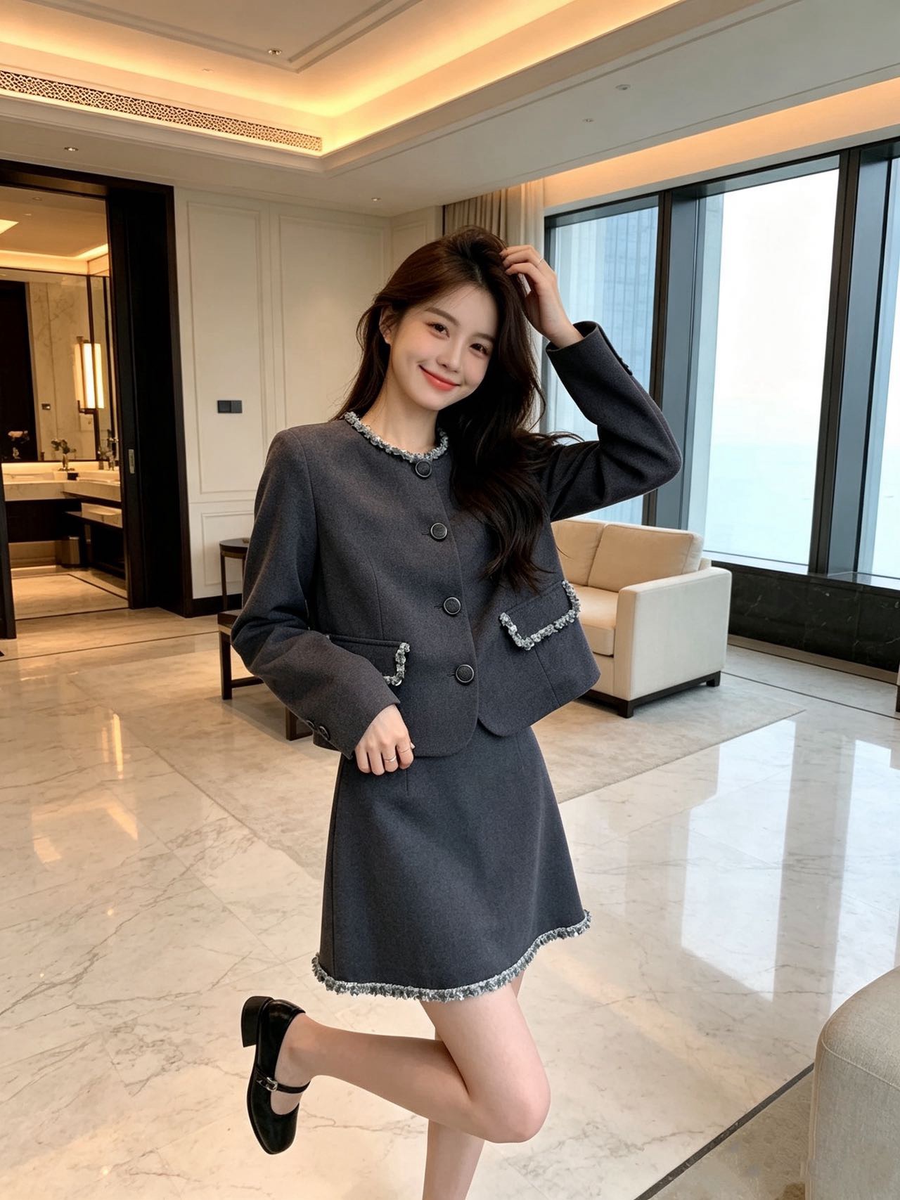Chan 26fw deading cropped jacket mini skirt sets