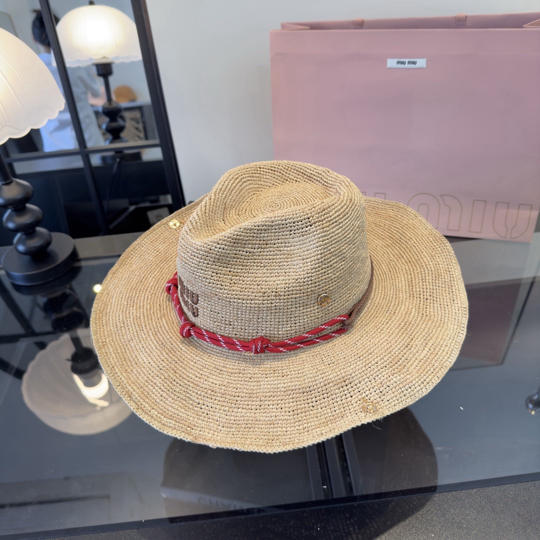 Miu Natural Raffia Wide-Brim Hat