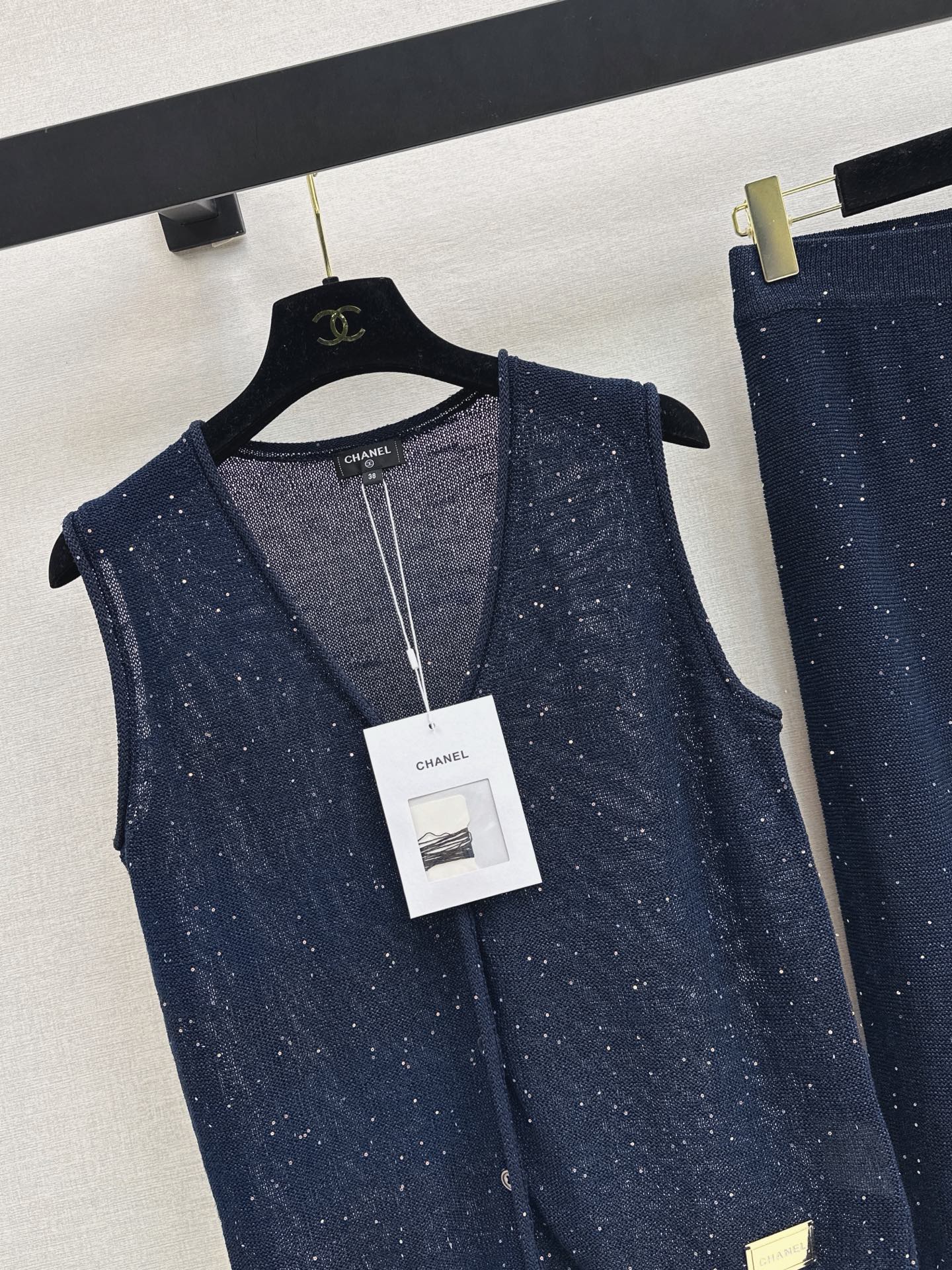 Chan 26ss sequin knit vest pants sets