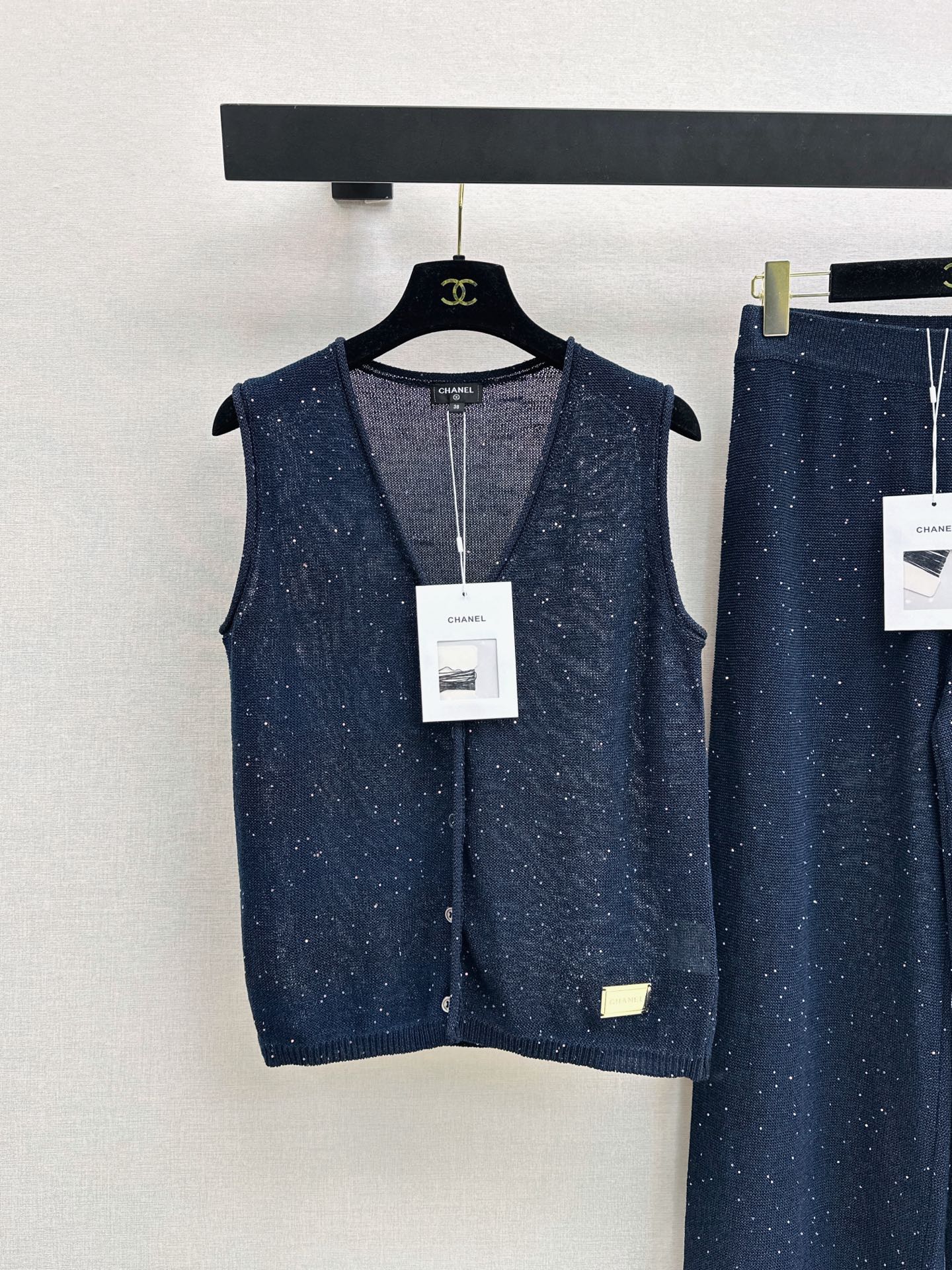 Chan 26ss sequin knit vest pants sets