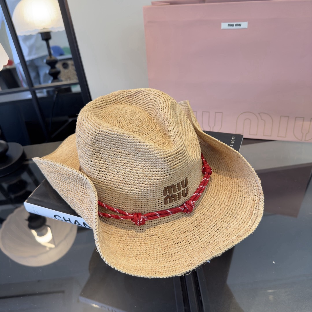 Miu Natural Raffia Wide-Brim Hat