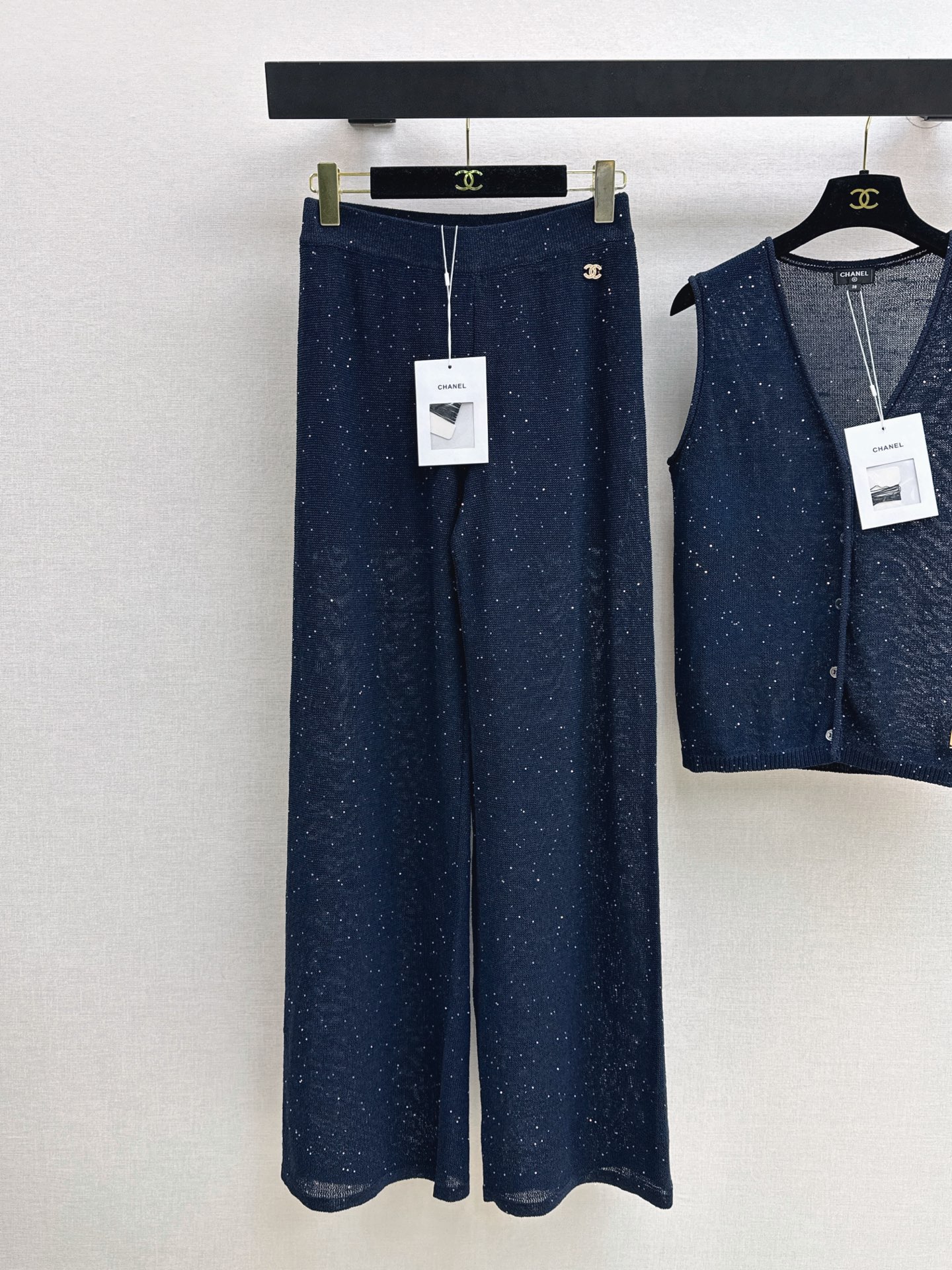Chan 26ss sequin knit vest pants sets
