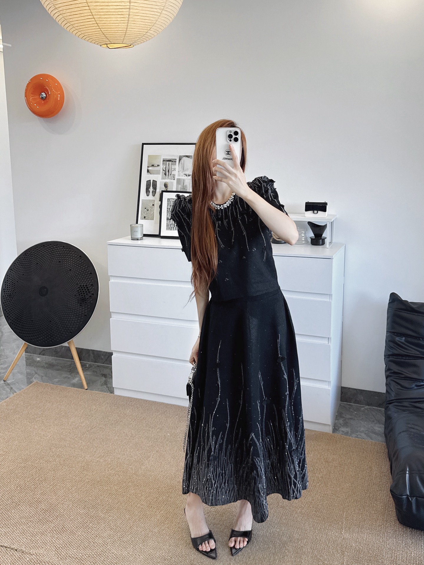 Chan 26fw rhinestone knitwear skirt sets