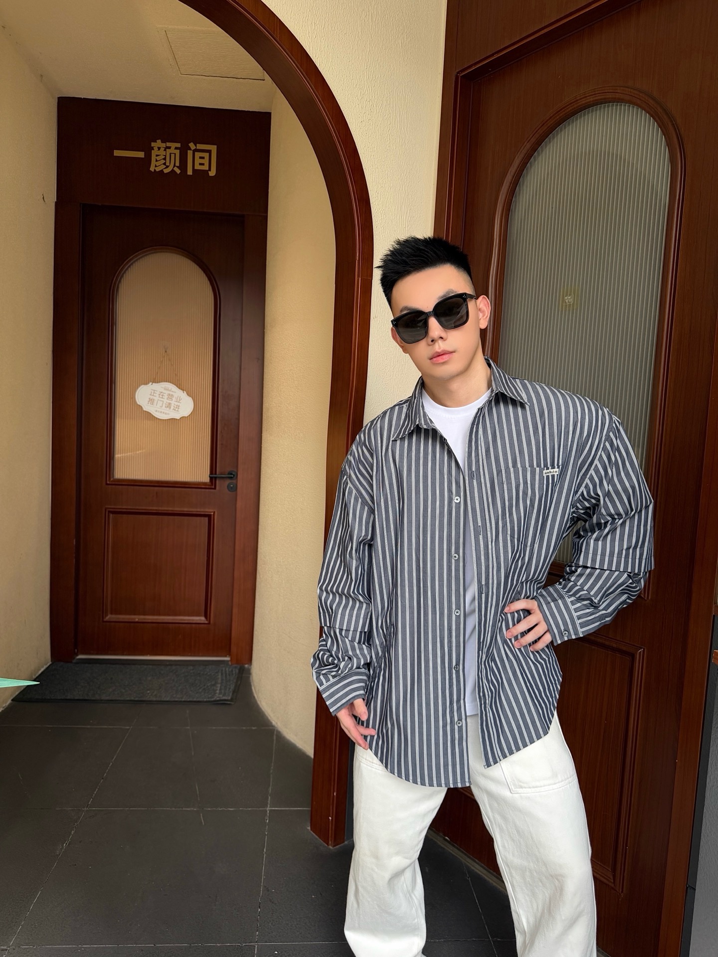 Acne logo badge striped shirts