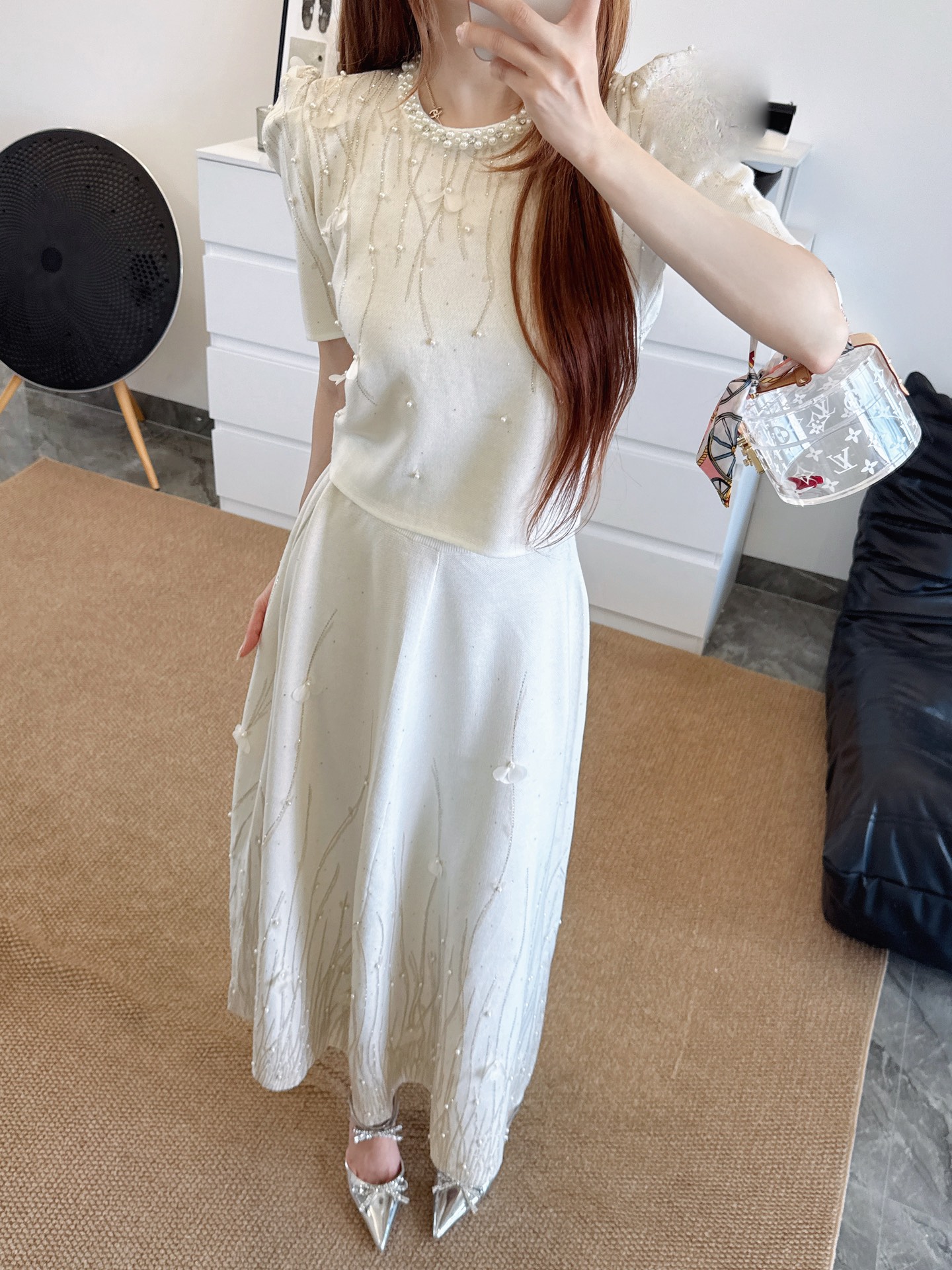 Chan 26fw rhinestone knitwear skirt sets