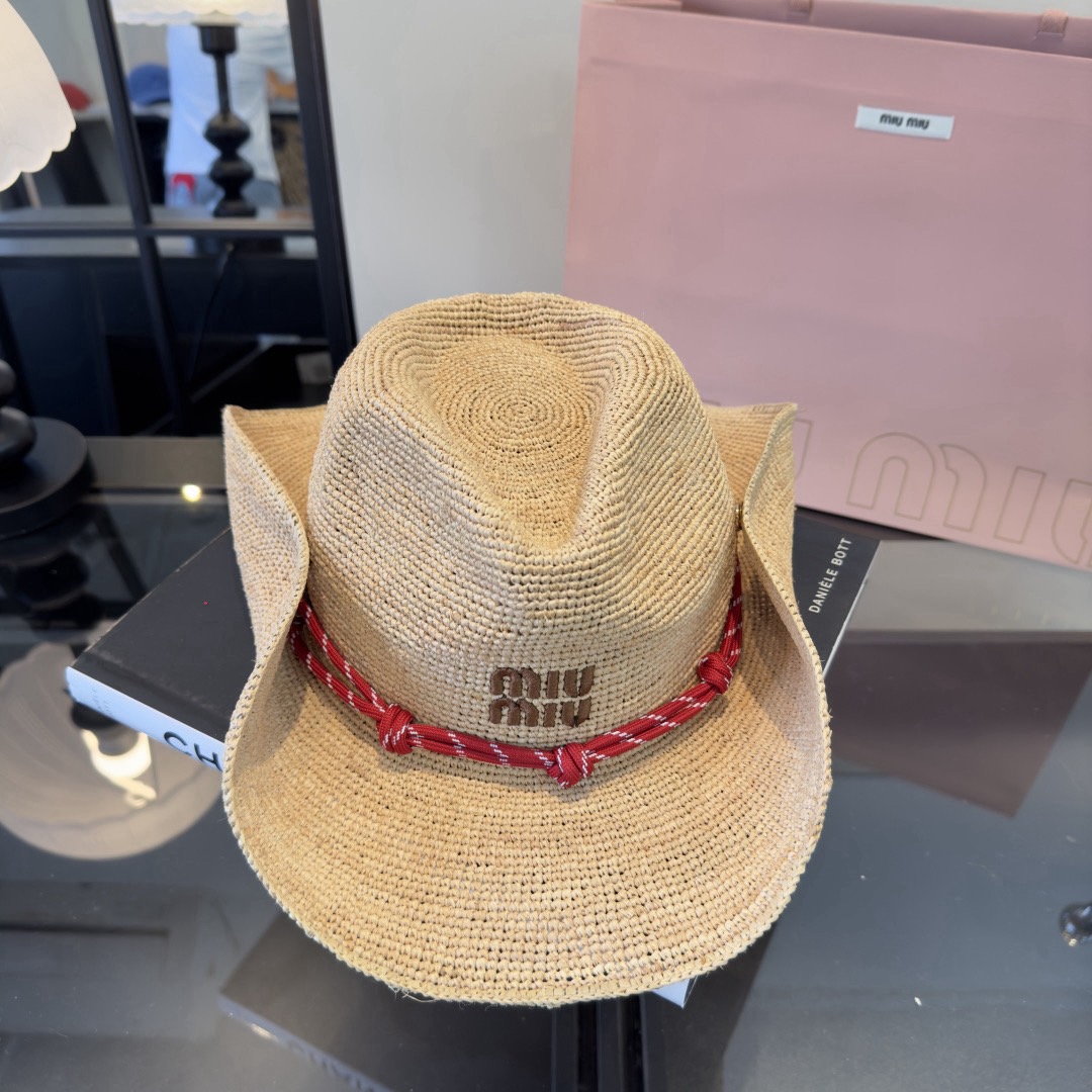 Miu Natural Raffia Wide-Brim Hat