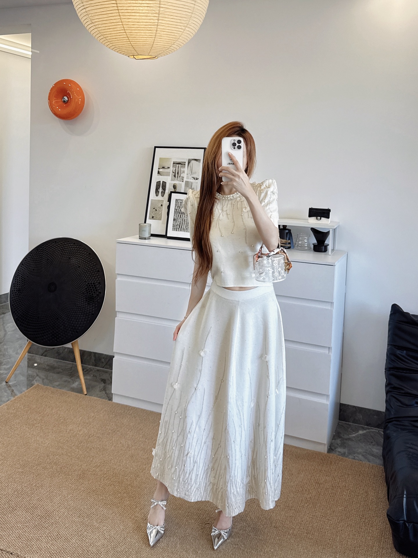 Chan 26fw rhinestone knitwear skirt sets