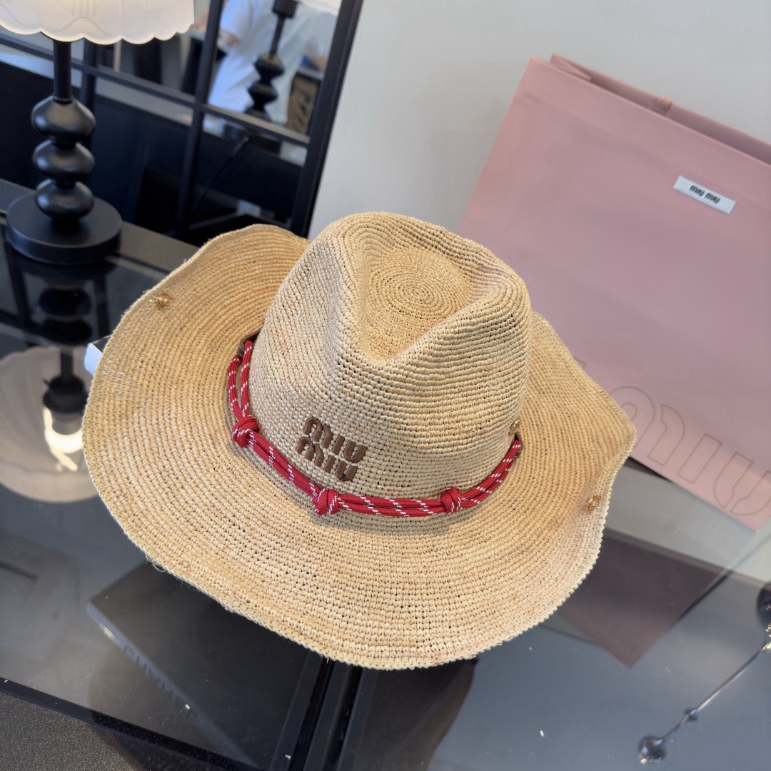 Miu Natural Raffia Wide-Brim Hat