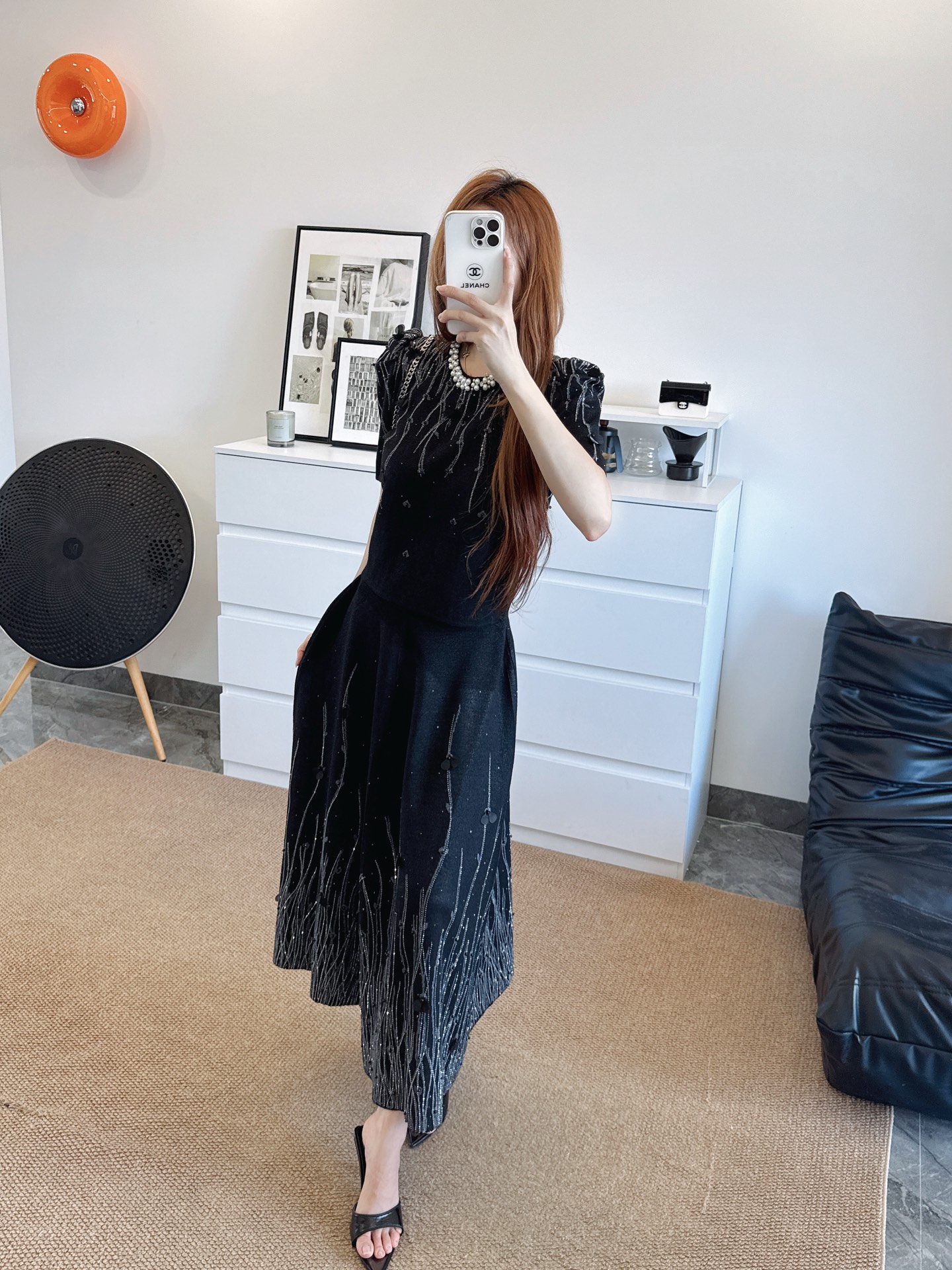 Chan 26fw rhinestone knitwear skirt sets