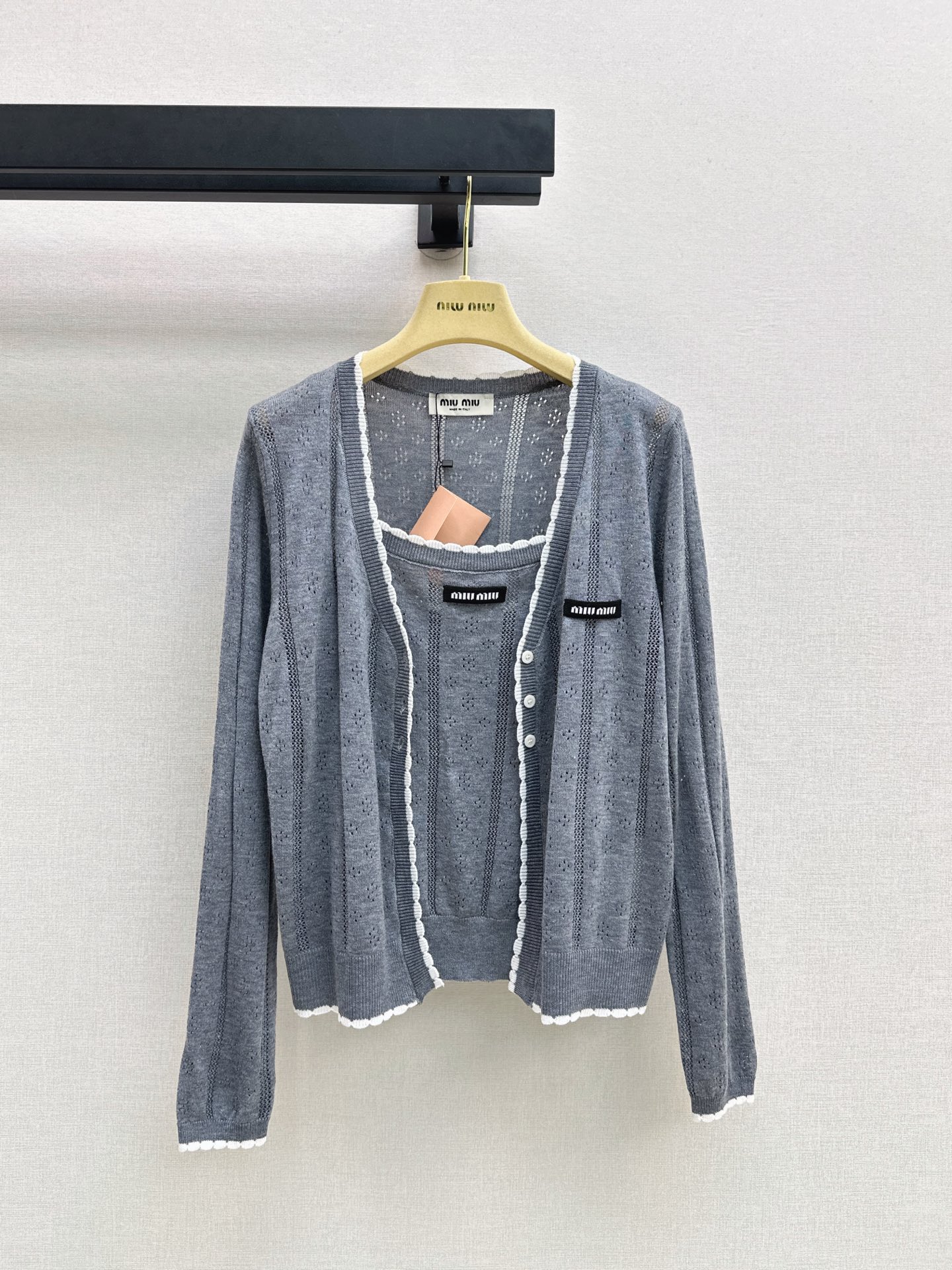 Miu 26fw lace-tirm knit camisole cardigan sets
