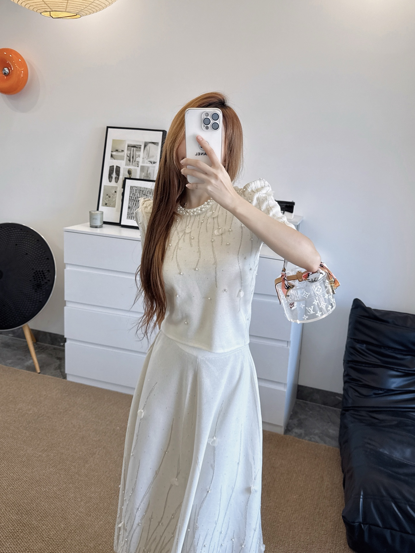 Chan 26fw rhinestone knitwear skirt sets