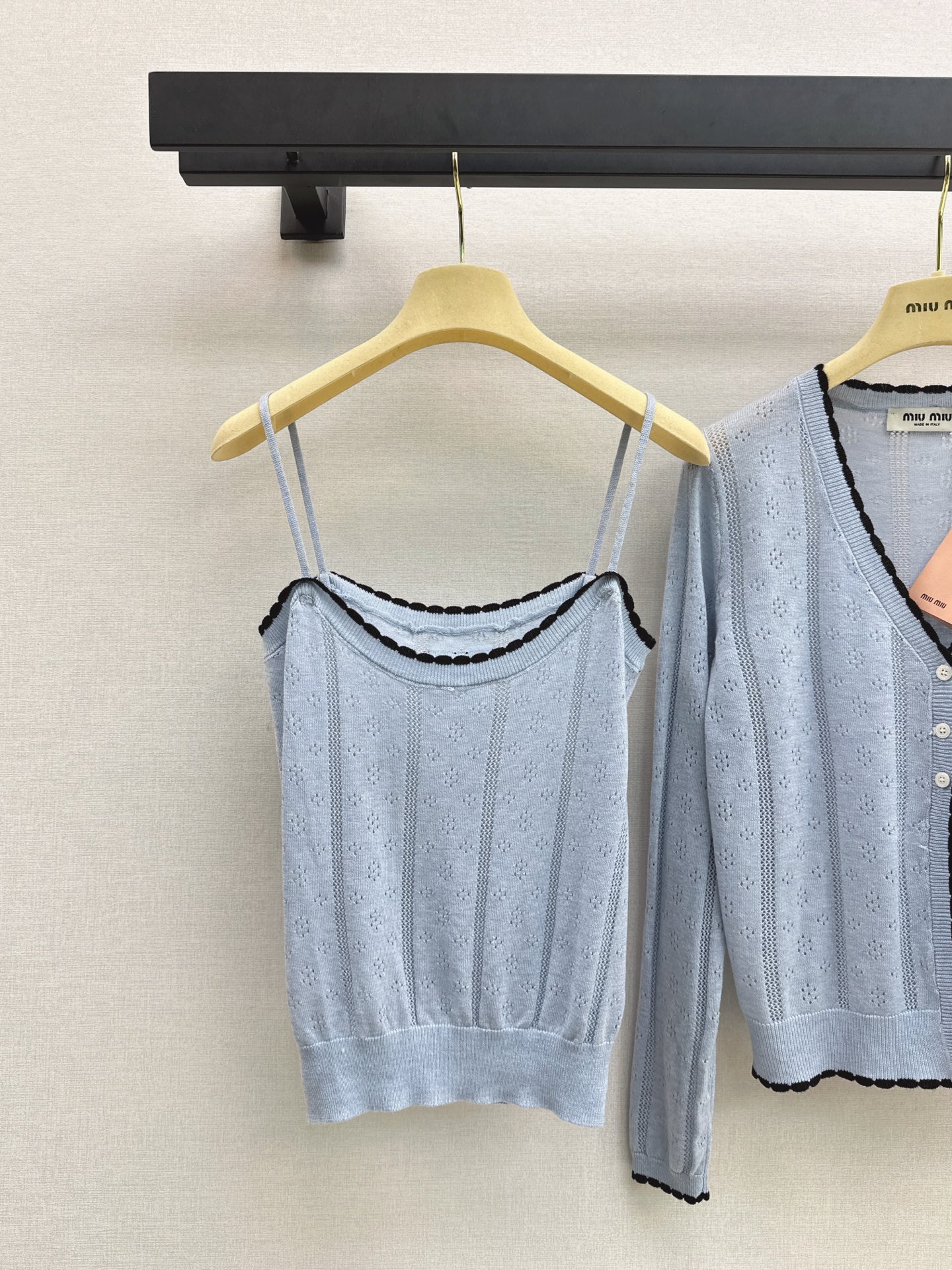 Miu 26fw lace-tirm knit camisole cardigan sets